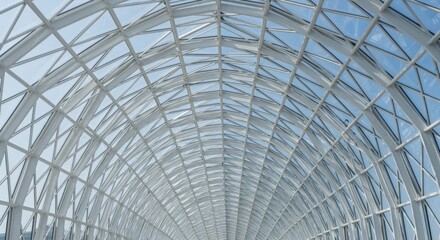 Architectural marvel featuring a modern arched glass ceiling with steel framework against a clear sky background