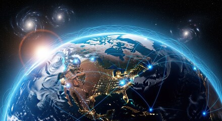 Global Network Connections: Abstract Image of Earth with Digital Communication Overlay Representing International Connectivity