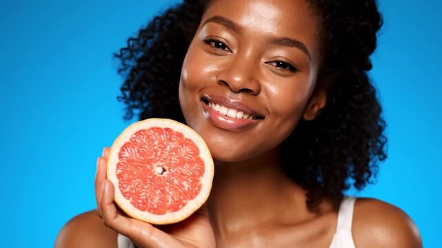 Smiling Black woman with healthy skin, holding half a grapefruit against a blue background