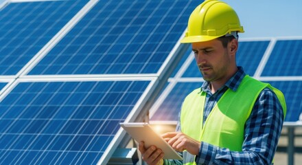 Solar Panel Technician Inspecting Array with Digital Tablet for Energy Efficiency and Sustainability