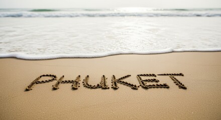 Fototapeta premium Phuket Sand Writing on Beach with Approaching Wave, Thailand Tropical Paradise Destination Vacation