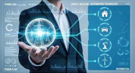Smart Grid Technology Concept: Businessman Holding Energy Distribution Visualization, Demonstrating Automation and Efficiency in Modern Power Systems