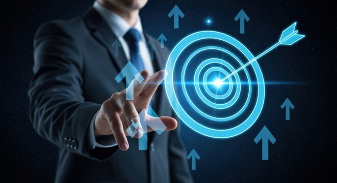 Businessman reaching target with arrow, strategic planning and focus on success, modern technology concept - Powered by Adobe