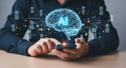 Artificial intelligence concept, man using smartphone with digital brain illustration, future technology and innovation, connected world