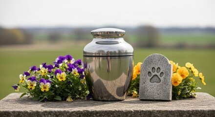 Pet memorial with cremation urn, paw print headstone, and colorful floral tribute in a serene outdoor setting