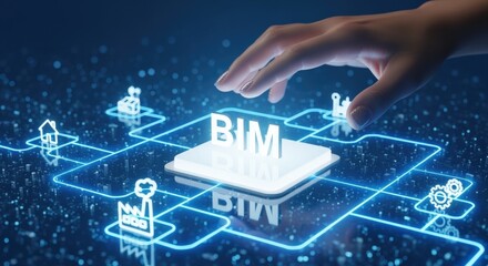 Building Information Modeling Technology Concept with Hand Touching Futuristic Interface and Real Estate Icons