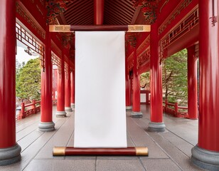 tall vertical chinese scroll blank white paper luxurious red wood frame