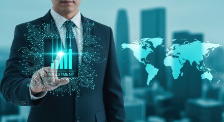 Businessman touches investment chart on virtual screen with world map and city skyline background, presenting global business concept