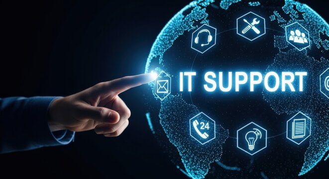 Global IT Support Services with Digital Technology and Hand Interaction, Representing Technical Assistance - Powered by Adobe