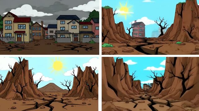 Four-panel cartoon illustration depicting a drought-stricken town in ruins after disaster