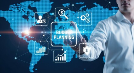 Budget Planning Touchscreen Interface: Financial Strategy and Global Business Management Concept with Hand Interaction