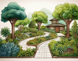 hand drawn garden plan featuring trees and pathways
