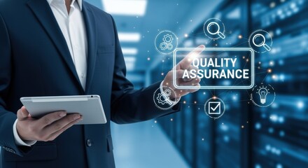 Quality Assurance Concept: Businessman Touching Digital Interface with QA Text and Icons in Data Center