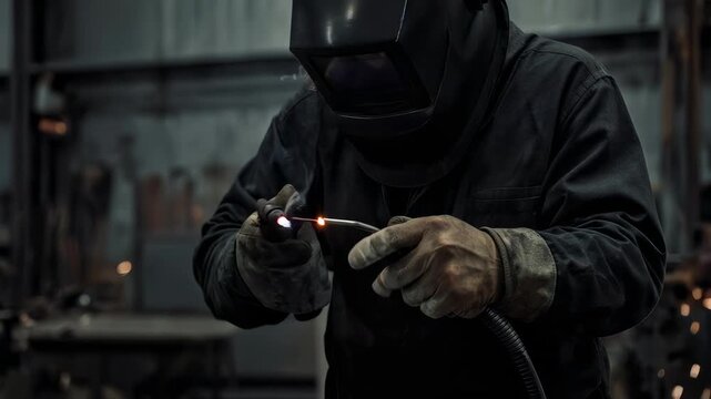 Industrial worker welding metal components in a factory setting with protective gear