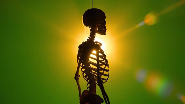 A skeleton is illuminated by sunlight, creating an interesting visual against a green background. The skeleton's structure stands out clearly, enhancing the focus on bones and light.