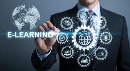 E-Learning Concept: Business Person Illustrates Online Education with Digital Interface and Global Connectivity for Modern Education System