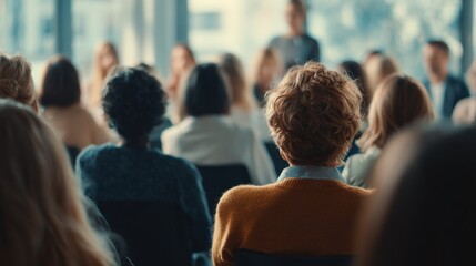 Engaged Audience Listening to a Speaker at a Conference, Seminar, or Corporate Event, View from Behind