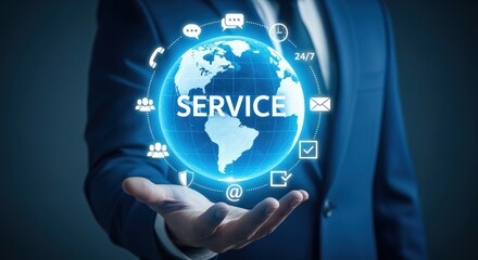 Global Service Technology Concept: Man Holding a Digital Earth with Service Icons, Representing Worldwide Support