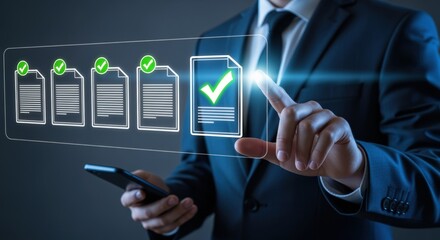Businessman interacting with a holographic interface representing digital documents and approvals, showcasing modern business technology