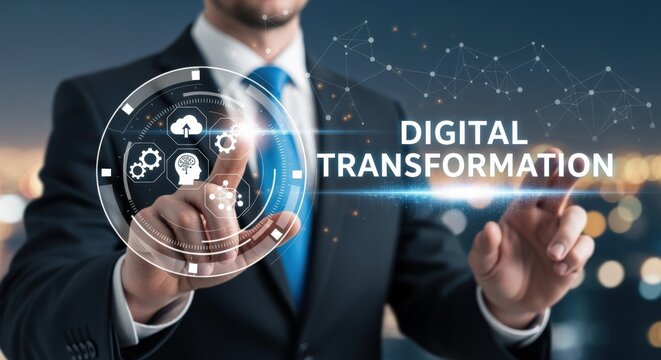 Digital Transformation: Businessman Interacting with Futuristic Interface Displaying Digitalization Concepts, Technology Integration and Business Innovation - Powered by Adobe