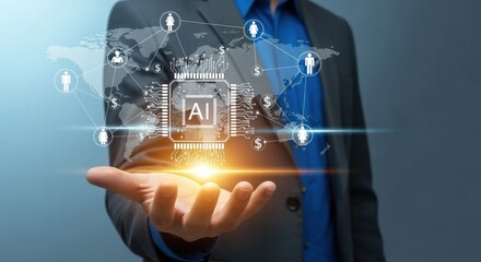 AI Integration Concept: Businessman Holding Illuminated Chip with Global Network and Data Visualization for Business Applications