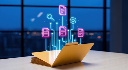 Digital Document Management: Abstract File Folder with Glowing Data and Information Flow for Modern Business