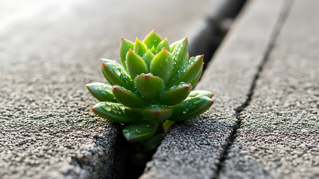 A resilient green succulent plant with water droplets bravely growing through a concrete crack. - Powered by Adobe