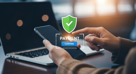 Secure Online Payment Verification: Person Using Mobile Device for Financial Transaction with Data Protection