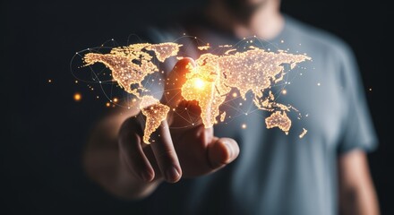 Global network represented by glowing world map interface, modern technology, and business intelligence concept