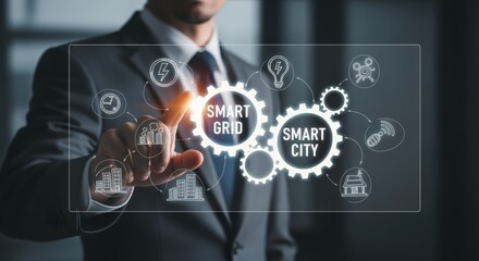 Smart City and Grid Concept: Businessman Interacting with Digital Interface, Showcasing Sustainable Energy Solutions