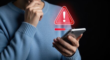 User with Smartphone Displaying Error Message and Warning Sign, Concept of Digital Security and Data Breach