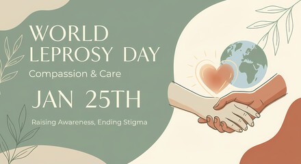 World Leprosy Day banner with shaking hands, a heart, and a globe, promoting compassion, care, awareness, and ending stigma on January 25th.