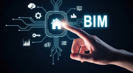 Building Information Modeling Concept: Hand Interacting with BIM Interface on Dark Background Representing Modern Construction Technology