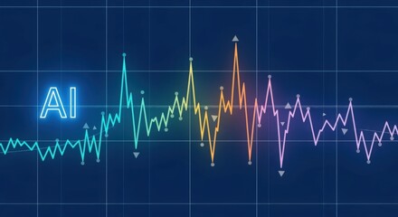 Artificial Intelligence Data Visualization with Digital Waveform, Neural Network Connection, and Future Technology on Dark Blue Background