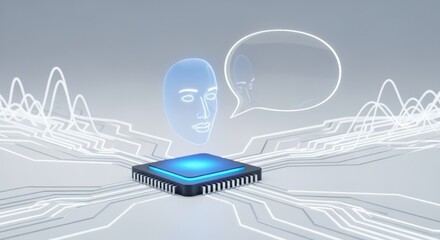 Artificial Intelligence Processor with Digital Face and Speech Bubble, Representing Advanced Technology and Communication