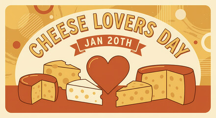 Retro illustration celebrating Cheese Lovers Day on January 20th, featuring various cheese types and a heart on a warm-toned background.