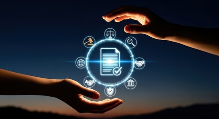 Compliance Document Digital Transformation: Hands Presenting Regulatory Icons on Blue Background for Business and Legal Concepts