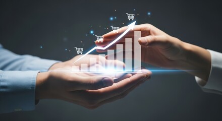 Hands Presenting Growing Bar Graph with Shopping Carts, Symbolizing Online Sales Growth and Business Success