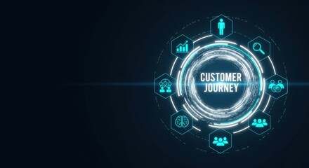 Customer journey futuristic interface illustrating business strategy, marketing, customer experience and digital transformation on dark background