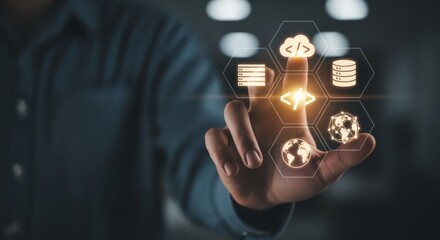 Cloud Computing: Man Touching Digital Interface with Cloud Storage, Data Servers, and Global Network Icons