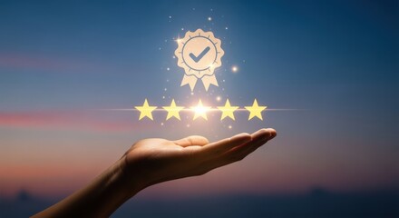 Hand Presenting Five Star Rating with Quality Guarantee Badge Against a Sunset Sky