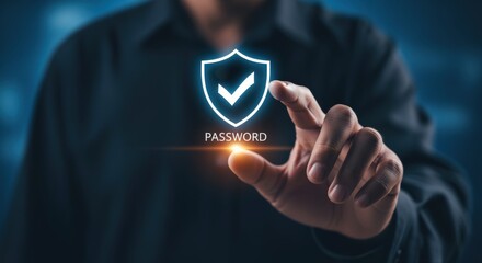 Data Security Concept: Businessman Activating a Digital Security Shield with Password Protection on Futuristic Interface