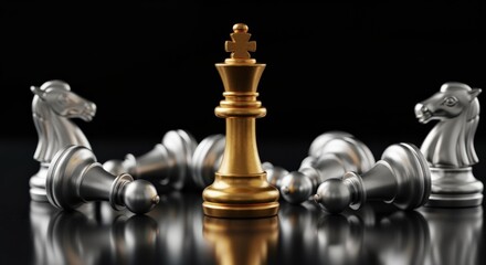 Golden Chess King Triumphing Over Fallen Silver Pawns, Strategic Victory and Leadership Concept