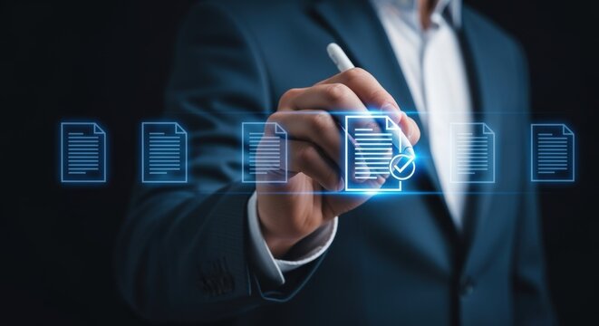 Digital Document Management: Businessman Interacting with Electronic Files on a Virtual Interface for Efficient Workflow - Powered by Adobe