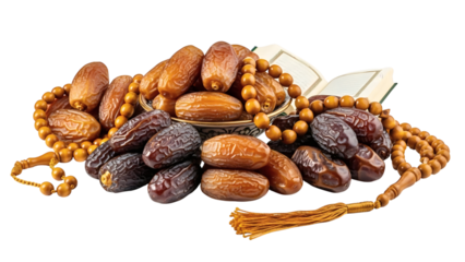 A healthy snack pile of organic nuts and delicious dried fruit features a macro closeup of sweet raisins and tasty dates isolated on white