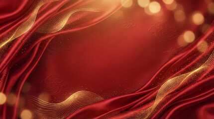 Abstract background featuring flowing red fabric with golden accents and bokeh lights, creating a luxurious and festive atmosphere.