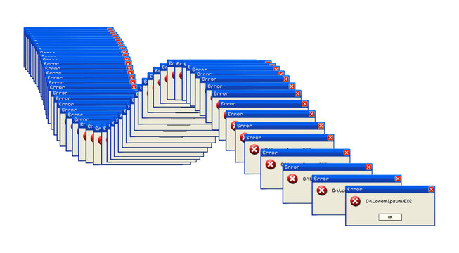 Windows XP popup error, bug, and alert dialog vector design with classic retro UI, vintage system warning boxes, isolated on transparent background for nostalgic UI projects.