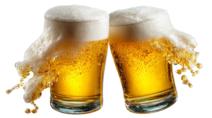 Cheers to Refreshment: Two frosty mugs of golden beer clink together, overflowing with frothy foam, symbolizing celebration and camaraderie.