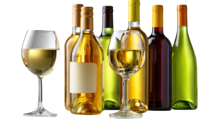 Variety of Wine Collection: An array of wine bottles and glasses, featuring an assortment of red, white, and green bottles, each showcasing a different vintage and type of wine, ready to be enjoyed.