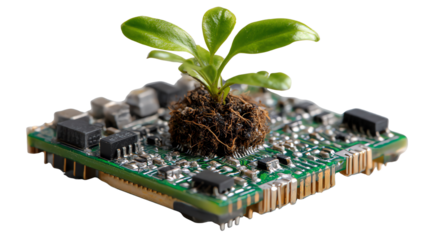 Harmony Between Nature and Technology: A young sprout flourishes on a computer motherboard, symbolizing the connection between environment and tech.